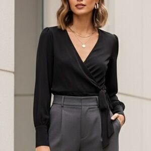 Sam and Jess, Black Long Sleeve Wrap Blouse, Size Small Petite (NWT)